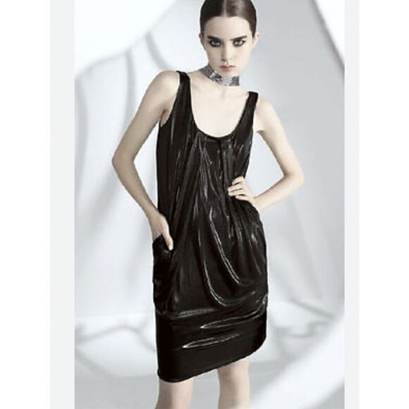 Diane Von Furstenberg LBD Black Liquid Dress Size 8 Lesley DVF Goth Punk Witchy - Picture 1 of 15